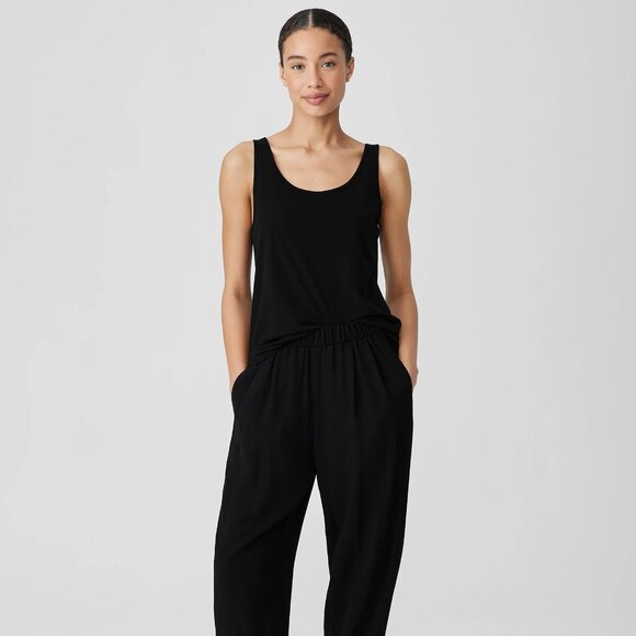 Eileen Fisher Stretch Silk Jersey Scoop Neck Casual Stretchy Black Tank Top - Picture 3 of 4